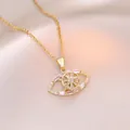 Collier avec pendentif œil rotatif et zircons blancs sur chaîne dorée et soie rose - X1037-yeux Dorés