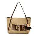 Khaki canvas tote bag with MCAORI embroidery, brown leather straps and bear charm - With Pendant / Off White