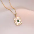 Elegant emerald green zircon necklace in rectangular gold plating on champagne silk - Emerald Shell Necklace (X1390)