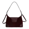 Minimalist burgundy suede patchwork shoulder bag with elegant silver metal hardware buckle - With Pendant / Red