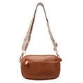 Stylish brown leather crossbody camera bag with an adjustable geometric patterned strap - Brown