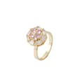 Golden hexagon ring featuring pink flower pattern and baguettes in a modern geometric style - Gold Hexagon Pink Gem