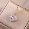 Gouden ketting met roze hart edelsteen en AB-steentjes in een fluwelen sieradendoos - Roze Ketting Set (X2151)