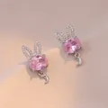 Charming rabbit moon earrings set with pink oval gemstones and sparkling white crystals - Moon Bunny Earrings (E0690)