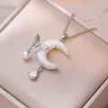 Elegant silver crescent moon necklace with cat-eye stone, butterfly detail, and pearl drop - Steel Color Dreamy Star Moon Necklace (With Pendant) (X2562)