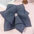 Deep blue and white gingham oversized scrunchie with frayed edges for elegant hair styling - Scarf Hair Tie