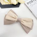 Elegant double-layered bow hair clip in beige and taupe satin with a plaid organza finish - Milk Coffee