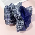 Dark blue and white plaid scrunchie with intricate embroidery detail for hair - Spliced Slim Fit Scrunchie
