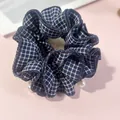 Blue and white checkered scrunchie with soft fabric folds and delicate pearl charms - Pearl Slim Fit Scrunchie