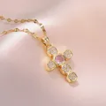 Golden cross necklace with pink center zircon and crystal accents on pink silk - Zircon Necklace (Pendant Included) / Pink