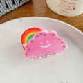 Pink cloud and rainbow hair claw clip with smiling face and small purple rhinestones - Rainbow Cloud Style (5.5cm)