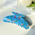 Large blue acetate claw clip with cherry print and pearlescent finish for women - 11cm Cherry Blue