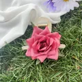 Pinza per capelli con rosa di stoffa rosa su base in resina color crema in ambiente naturale - Rosso Chiaro 8cm