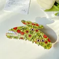 Large grass green floral hair claw clip with cherry pattern and glossy resin finish - 11cm Cherry Green