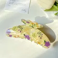 Large floral hair claw clip in beige marble acrylic with purple flower pattern - 11cm Light Yellow