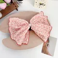 Pinza para el pelo con lazo floral rosa, adornos de perlas y bordes rojos - Naranja