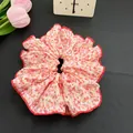 Floral scrunchie with red ruffled edges and white orange flower pattern hair tie - Orange Floral