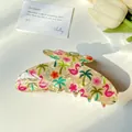 Floral hair claw clip with tropical flamingo and palm patterns on cream base - 11cm Flamingo