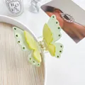 Pince à cheveux papillon double couche avec ailes jaune et vert et strass verts brillants - 7.5cm / Vert Métallique