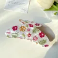 Large floral hair claw clip with colorful tropical flower print and pearlescent finish - 11cm Rose White