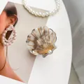 Elegant scallop shell hair claw in marble grey acetate with gold lines and pearl accent - 5cm / Phantom Gray