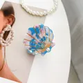 Blue and pink marble acetate shell hair claw clip with gold lines and white pearl accent - 5cm / Floral Blue
