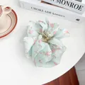 Floral fabric hair claw clip in light blue tulle with pink rose embroidery - 11cm / Cyan