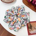 Elegant oversized floral scrunchie in light green chiffon with vintage pink flower patterns - Yellow-Pink