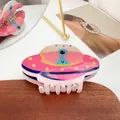 Pince à cheveux colorée en forme d'OVNI avec motif extraterrestre et couleurs vives - Style Alien UFO / Rose