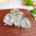 Grey marble acetate leaf hair claw clip with silver wire inlay on wood background - 9.3cm / Smoke