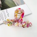 Colorful acetate flower hair claw clip with pink rhinestones and gold spring - 7.3cm Colorful