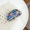 Bohemian style acrylic hair claw clip with colorful ethnic print for women hairstyles - Blue Purple Flower
