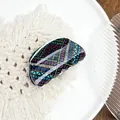 Ethnic geometric pattern hair claw clip with colorful bohemian print in black finish - Small Diamond Purple Blue