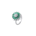 Silver sunflower ring with sparkling green marquise gemstones and zircon center petals - Silver Green Gem Sunflower