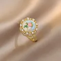 Vintage gold ring featuring pink enamel flowers, white pearl, and micro-inlaid zircons - Vintage Floral Artificial Pearl Style (J0123)