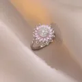 Bague tournante tournesol avec zircons roses et anneau réglable en métal argenté - Bague Ouverte Tournesol (J0803) / Rose Argent