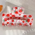 Pinza per capelli quadrata in acetato bianco con vivaci motivi di fragole e foglie verdi - Fragola
