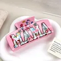 Pink acrylic MAMA hair claw clip featuring delicate floral patterns and a square design - MAMA-Pink White