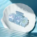 Macro detail of iridescent blue shell claw clip on white ceramic plate with ocean theme - Shell