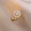 Bague tournesol dorée réglable avec cristaux marquise roses et pavé central - Bague Ouverte Tournesol (J0803) / Or Rose