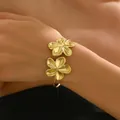 Elegant gold flower cuff bracelet with textured petals and adjustable open design for women - Double Flower Open Bangle (ASL70335)