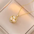 Elegant gold necklace featuring three pearls surrounded by zircon stones on a leather box - Gold Three Artificial Pearls Circle Style (X0607)
