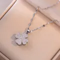Silver chain necklace with pink zircon clover pendant on elegant champagne satin - 1350-gangfen