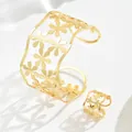 Elegant gold flower hollow cuff bracelet and matching open ring jewelry set for women - Hollow Daisy Style (SL7810)