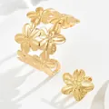 Golden floral jewelry set with wide open cuff bracelet and matching flower ring - Five-Petal Radiant Style (SL7813)
