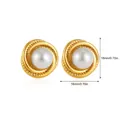 Detail of 18mm golden spiral earrings with pearl inlay and diameter dimension marker - Spiral Texture Round Pearl Style (SF295-6)