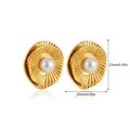 Detail view of shell-shaped gold earrings with white pearl and 23mm size label - Vintage Shell Pleated Style (SF295-7)