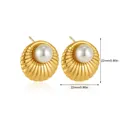 Macro shot of 22mm gold scallop-textured earrings with white pearl center and 0.86in size marking - Scallop Radiating Pearl Style (SF295-8)