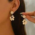 Elegant 18k gold plated flower drop earrings with matte finish for women, front view - Gold Double Flower Drop Earrings (EH5231)