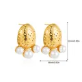 Golden hammer-textured oval stud earrings with three pearls and dimension markings - Hammered Oval Triple Pearl Style (SF295-4)